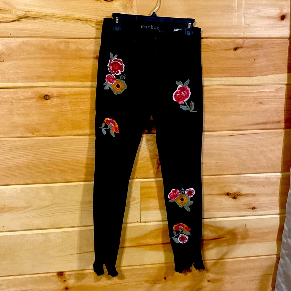 Rocks & indigo jeans $24-size 8/28. Black, embroidered, distressed look
